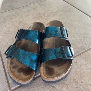 Birkenstock Blue Glittery Arizona Softbed sandal (size 38)